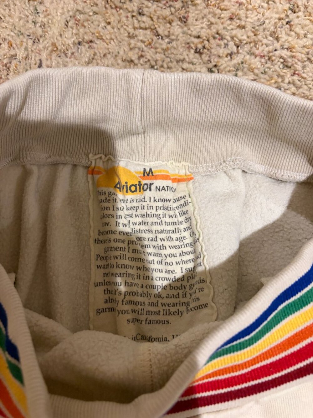 Aviator Nation Joggers Sweatpants Cream Rainbow Stripe Ribbed Trim - Picture 3 of 15
